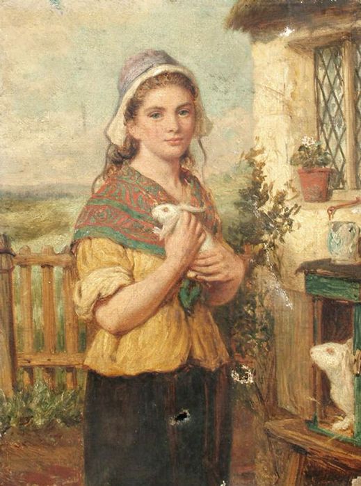 William Lucas (British, 1840-1895) «A young woman holding a rabbit»