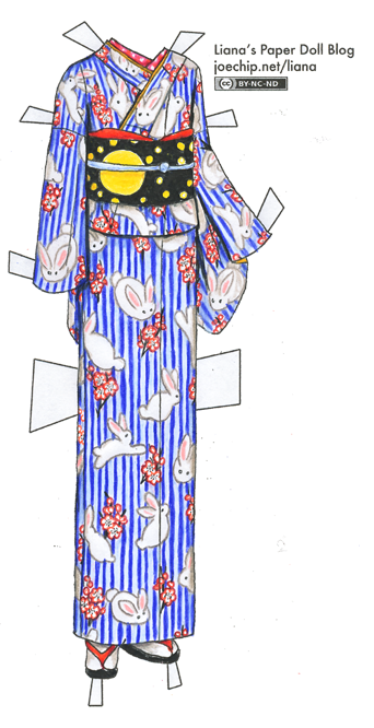 blue-striped-komon-kimono-with-white-rabbit-and-plum-blossom-pattern-and-black-and-yellow-obi-tabbed