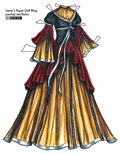 the-good-queens-ghosts-dress-in-gold-black-and-burgundy-with-silver-ribbons-tabbed