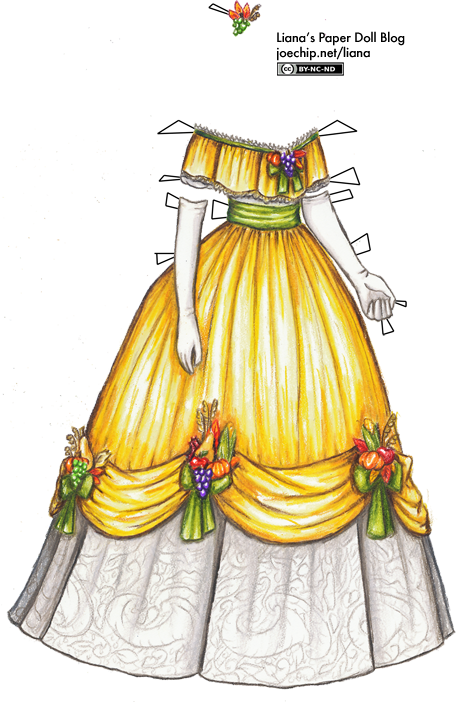 1863-ball-gown-in-yellow-with-green-ribbons-over-white-lace-skirt-with-harvest-trimmings-for-thanksgiving-tabbed