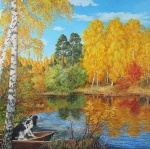 Осенний пейзаж с лодкой и собакой